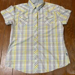 Kuhl Ionik Shirt Women LG Pearl Snap Button Down Plaid Shirt Short Sleeve Gray